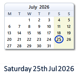 25 July 2026 calendar