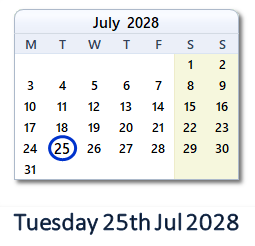 25 July 2028 calendar