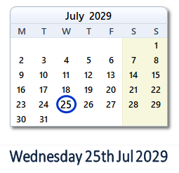 25 July 2029 calendar