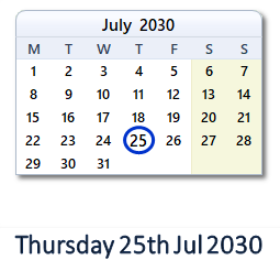 25 July 2030 calendar