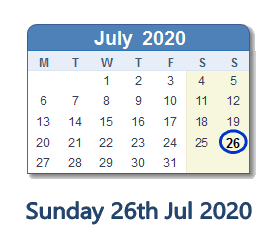 26 July 2020 calendar