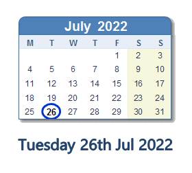 26 July 2022 calendar