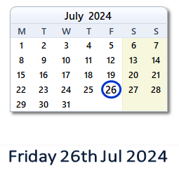 26 July 2024 calendar