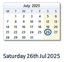 26 July 2025 calendar