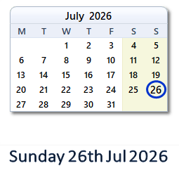 26 July 2026 calendar
