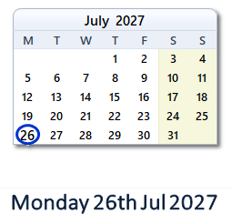 26 July 2027 calendar