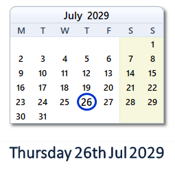 26 July 2029 calendar