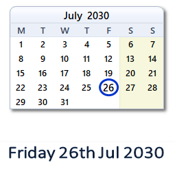 26 July 2030 calendar