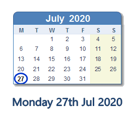27 July 2020 calendar