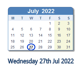 27 July 2022 calendar
