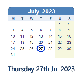 27 July 2023 calendar