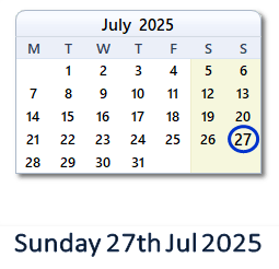 27 July 2025 calendar