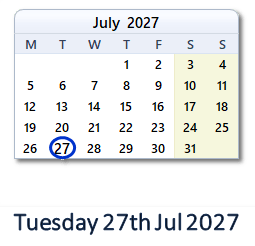 27 July 2027 calendar
