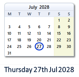 27 July 2028 calendar
