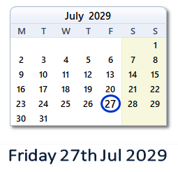 27 July 2029 calendar