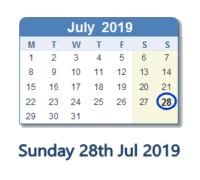 28 July 2019 calendar