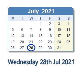 28 July 2021 calendar