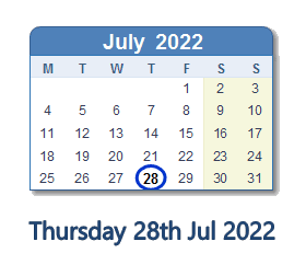 28 July 2022 calendar