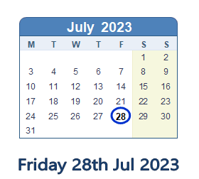 28 July 2023 calendar