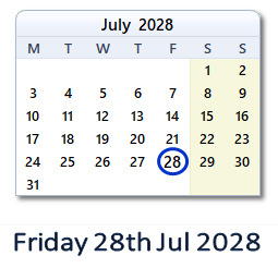 28 July 2028 calendar