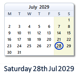 28 July 2029 calendar