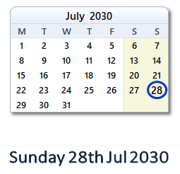28 July 2030 calendar