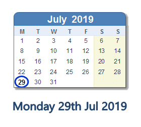 29 July 2019 calendar