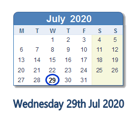 29 July 2020 calendar