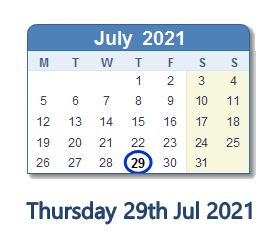 29 July 2021 calendar