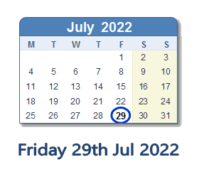 29 July 2022 calendar
