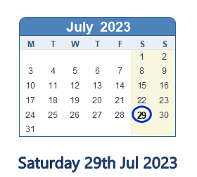 29 July 2023 calendar