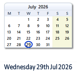 29 July 2026 calendar