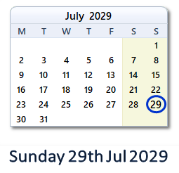 29 July 2029 calendar