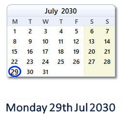 29 July 2030 calendar