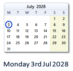 3 July 2028 calendar