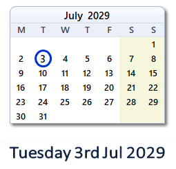 3 July 2029 calendar