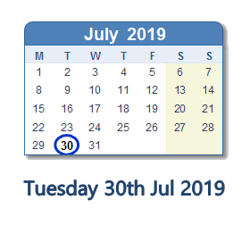 30 July 2019 calendar