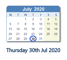 30 July 2020 calendar