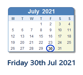 30 July 2021 calendar