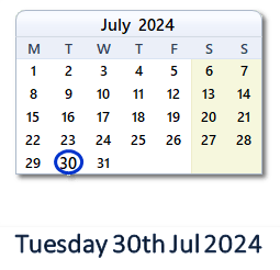 30 July 2024 calendar