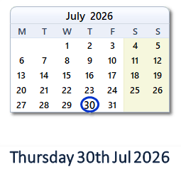 30 July 2026 calendar