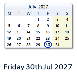 30 July 2027 calendar