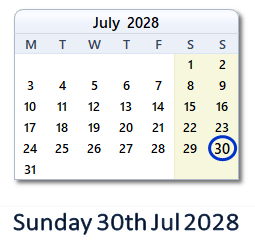 30 July 2028 calendar