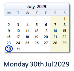 30 July 2029 calendar