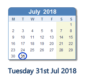 31 July 2018 calendar