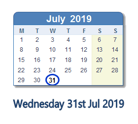 31 July 2019 calendar