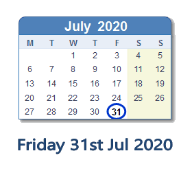 31 July 2020 calendar