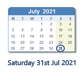 31 July 2021 calendar