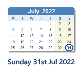 31 July 2022 calendar