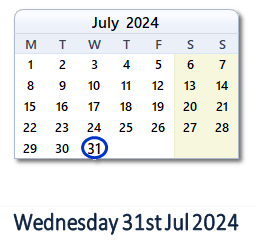 31 July 2024 calendar